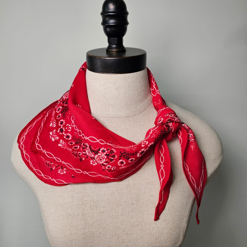 Vintage Bandana Scarf, Unbranded, Silky Fabric, Red White Black